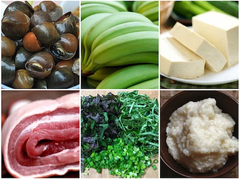 Các nguyên liệu sử dụng cho món ốc chuối đậu